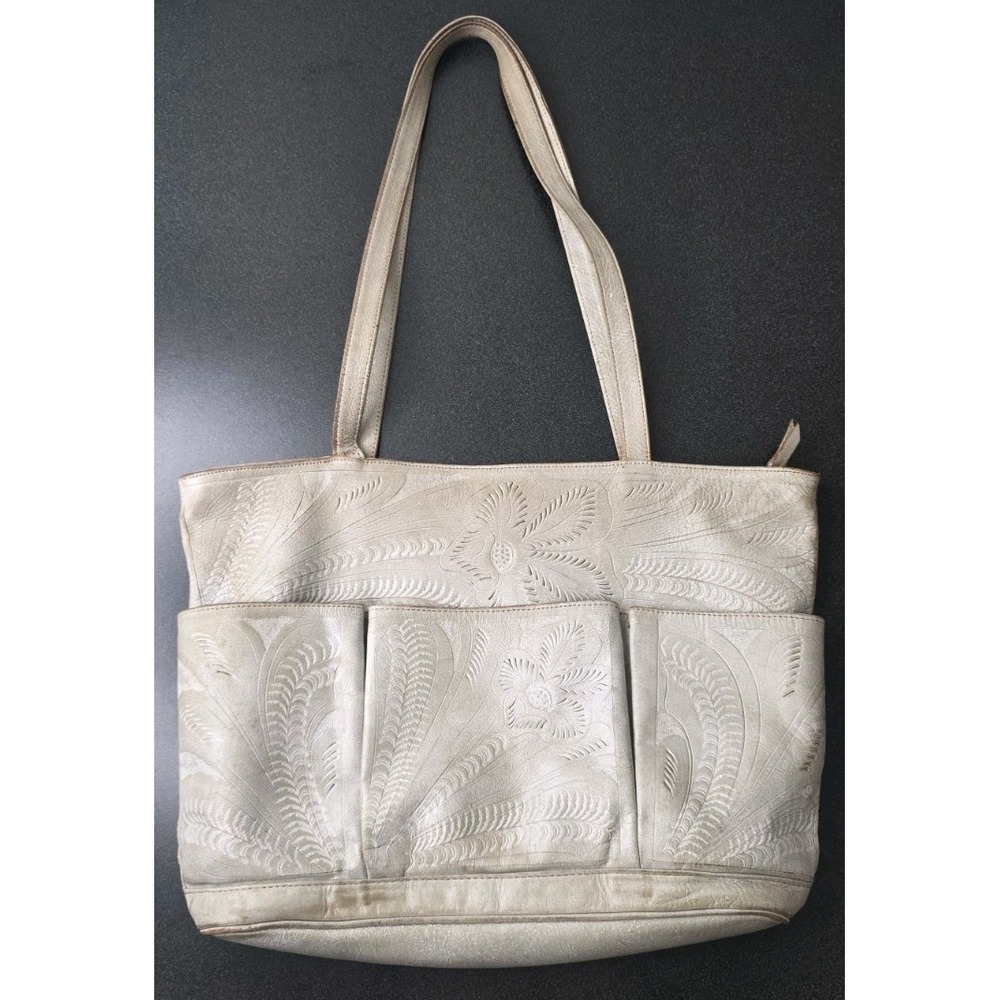 Leaders by Leather Tote Bag Hand Tooled Craftsmanship Beige Western Shoulder